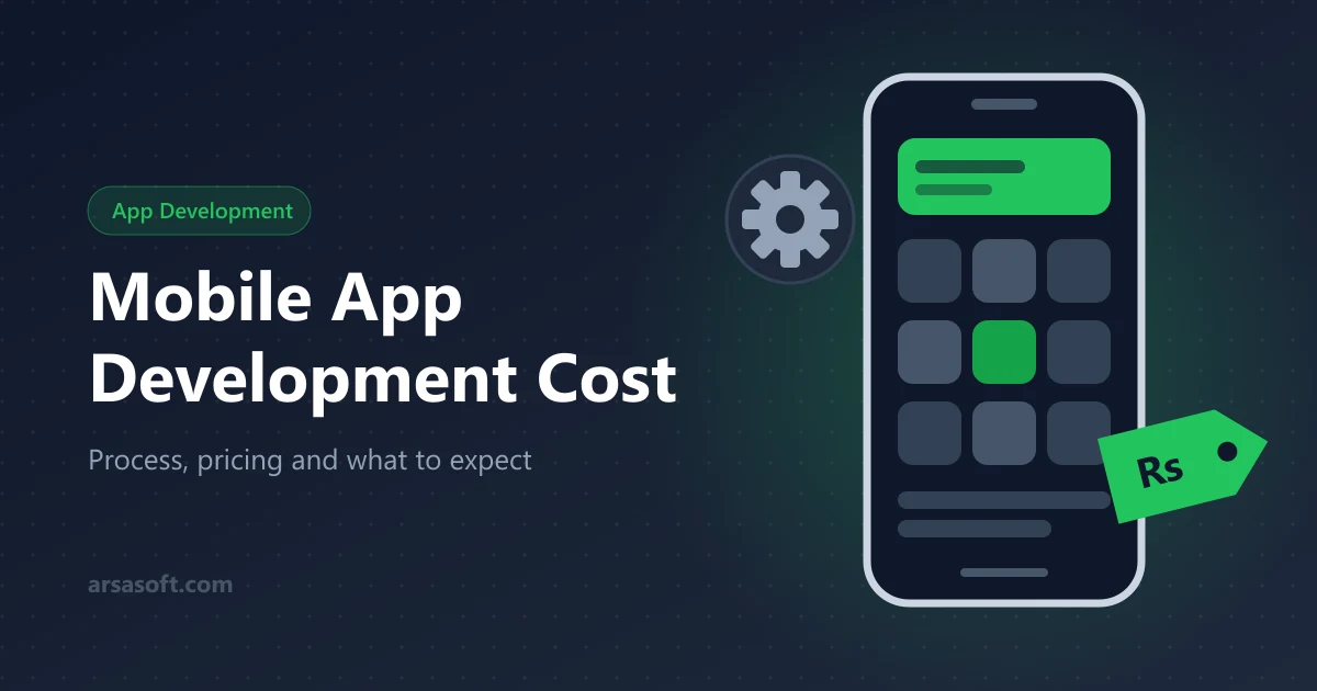 Mobile app on a phone with a price tag showing app development cost in Pakistan